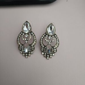Pakistani Desi Crystal Teardrop Filigree Statement Earrings - Clear Rhinestone